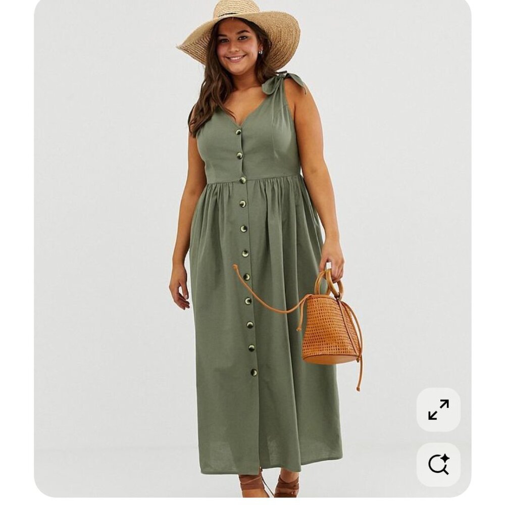 ASOS Button Cotton Linen Sundress Tie Sleeve Detail 12